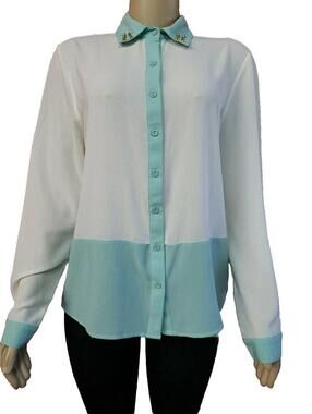 Foreign Exchange NWT Colorblock Ivory Blue Size L Studded Women's Top Blouse #C